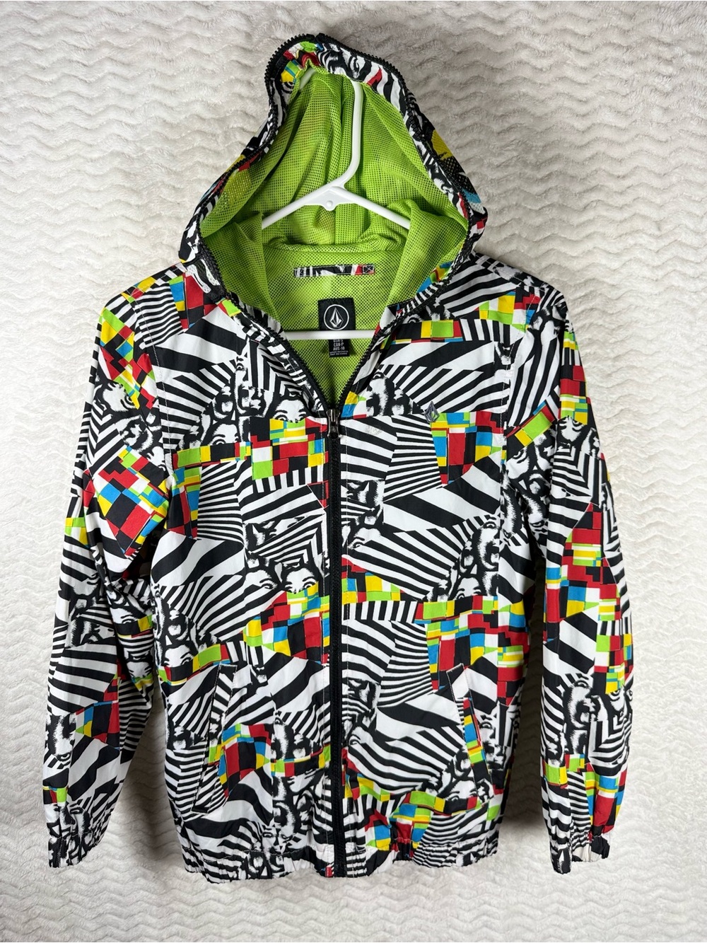 Volcom Kids Multicolor Geometric Print Hooded Rain Jacket with Lime Lining